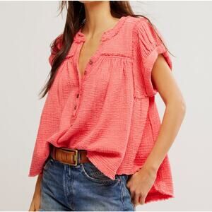 Free People We the Free Horizons Double Cloth Top in Coral Paradise Size M. NWOT